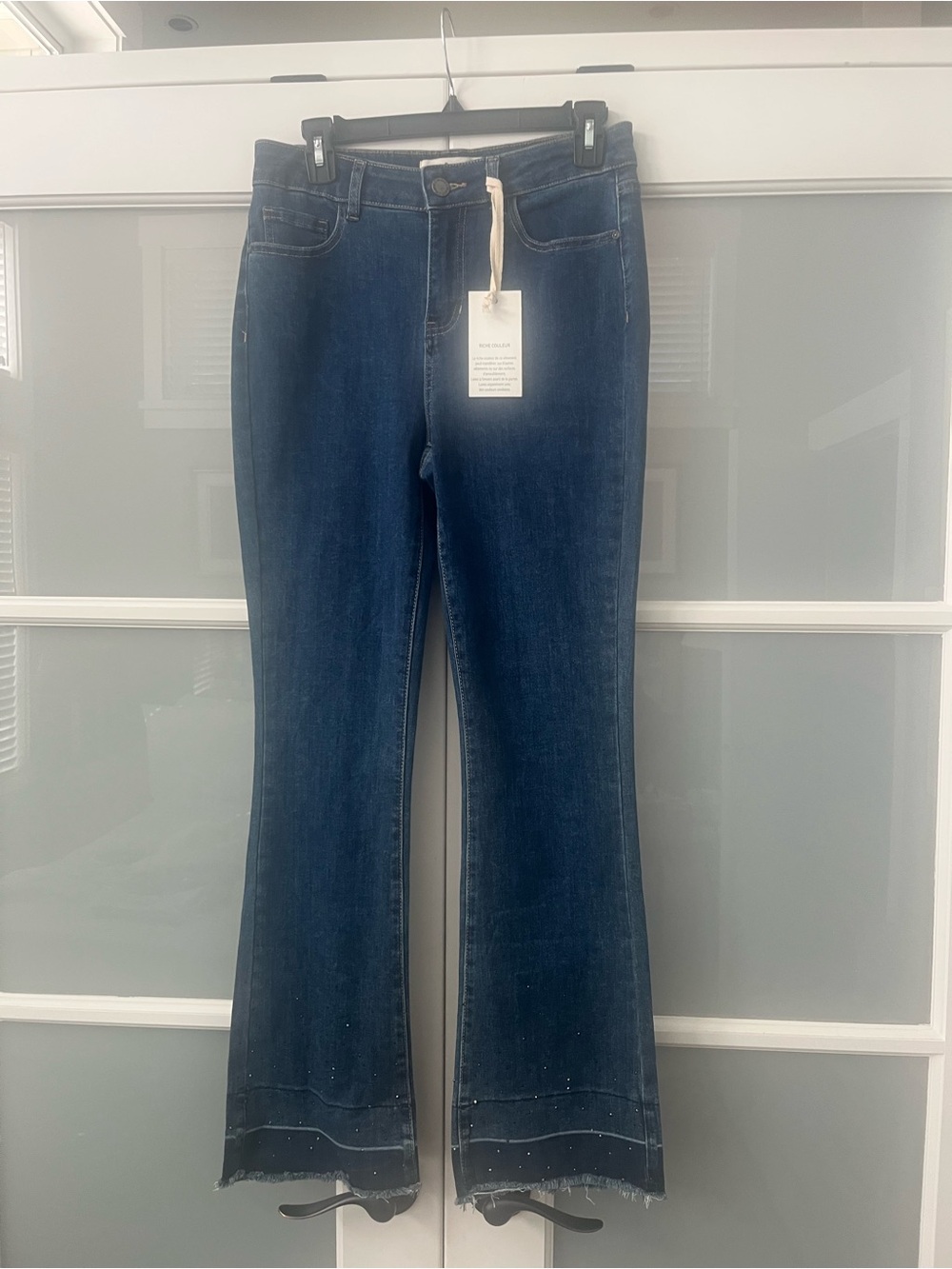 CHARLIE B Dark Blue Flare Jeans with Frayed Hem